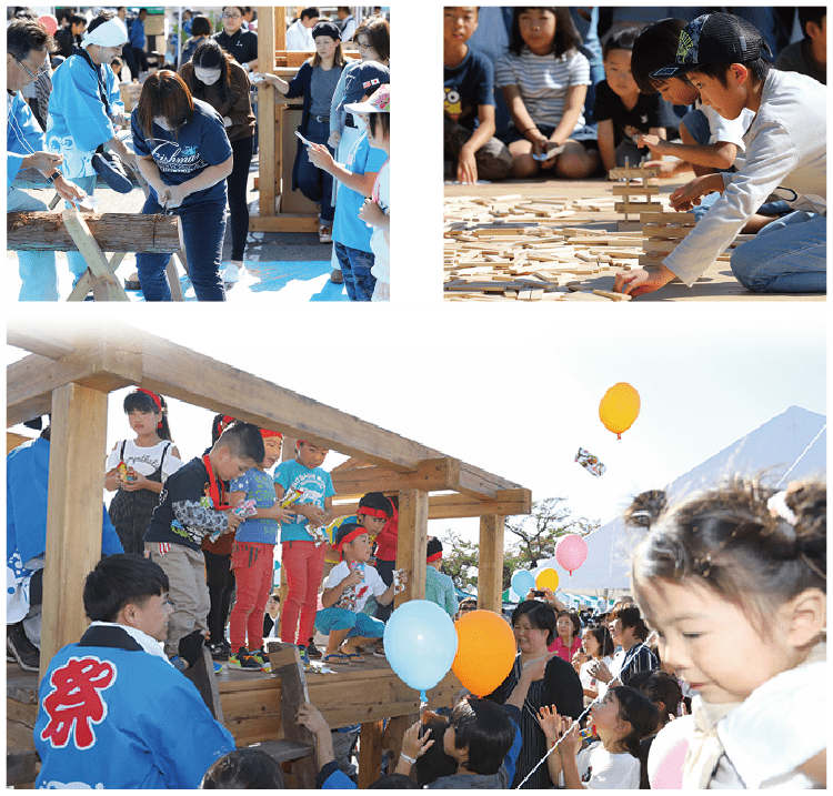 地域の人々が木材を切る、地域の子どもたちが木材を使ったゲームを行なっている、地域の祭りの様子